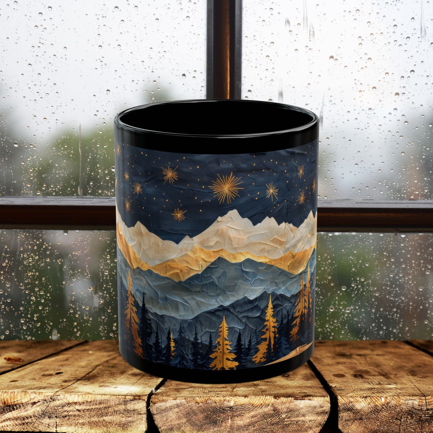 Mountain &amp; Pine Trees Black Coffee Mug, Carved Wood Style Landscape, Starry Night Moonlit Forest Cup, Nature Lover Gift (11oz/15oz)