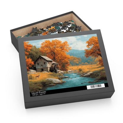 Nature Scene Puzzle, Autumn Cabin Artwork, Family Game Night, Cozy Home Decor, Gift for Nature Lovers, (120, 252, 500, 1000-Piece)