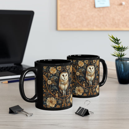 William Morris Inspired Botanical Barn Owl Black Coffee Mug | Mystical Owl Black Mug 11oz, 15 oz