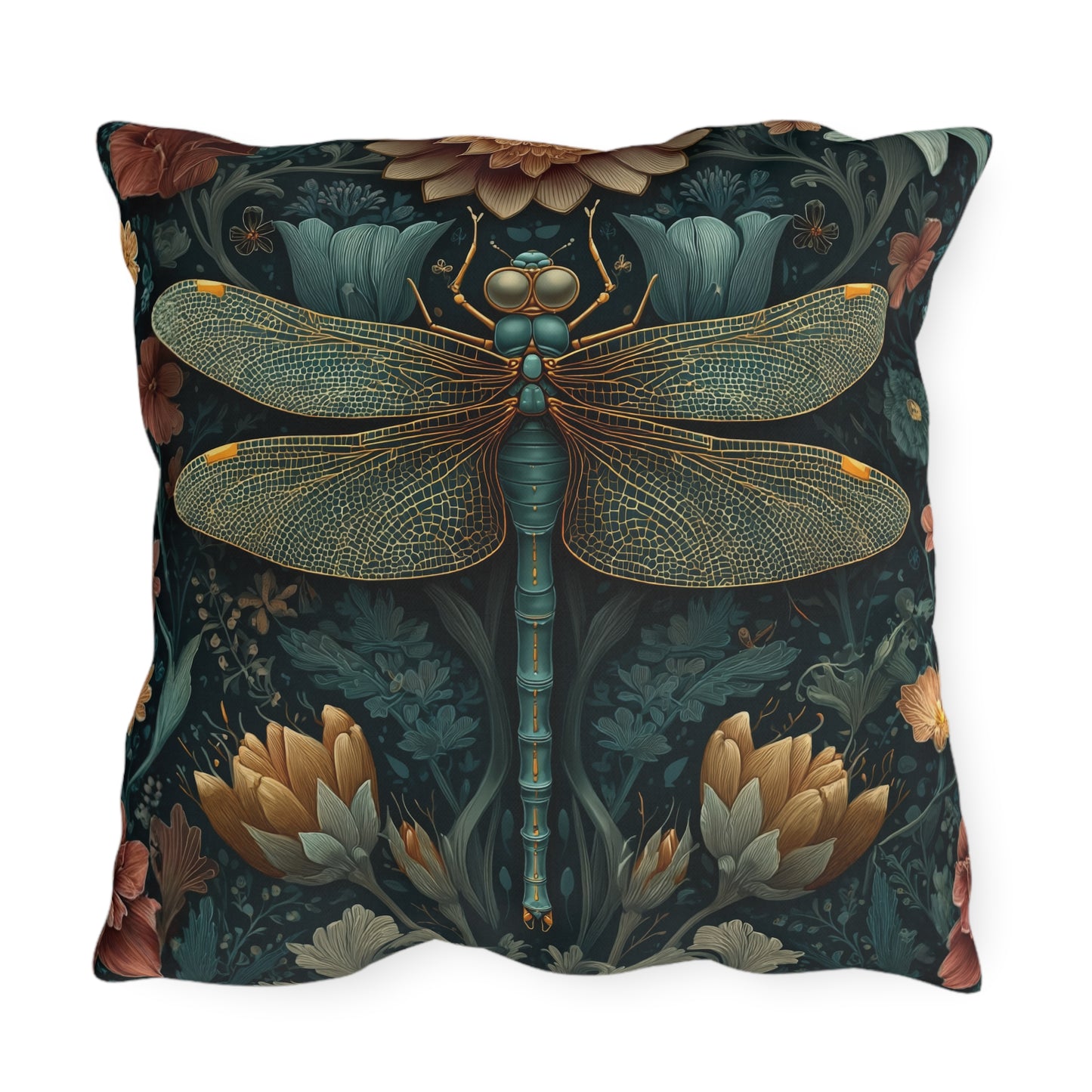Dragonfly Outdoor Pillow, Botanical Throw Pillow, Insect Nature Cushion, Garden Accent Pillow, Boho Floral Decor, Wildlife Gift, Dragonfly Lover Pillow