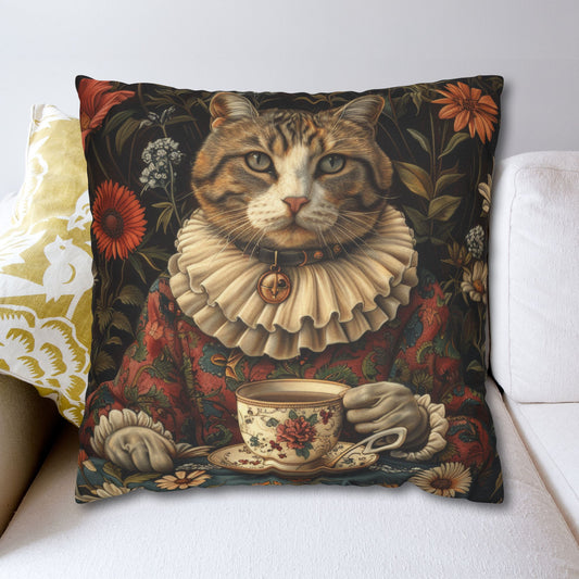 Victorian Style Portrait Of Rococo Cat, Tea Time in The Garden Decorative Pillowcase