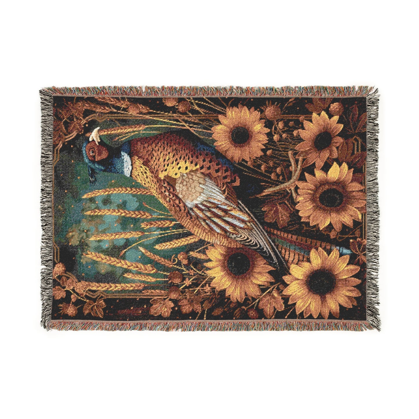 Autumn Pheasant & Sunflowers Woven Blanket, Vintage Farmhouse Fall Throw, Cozy Wildlife Nature Tapestry Blanket