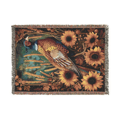 Autumn Pheasant & Sunflowers Woven Blanket, Vintage Farmhouse Fall Throw, Cozy Wildlife Nature Tapestry Blanket