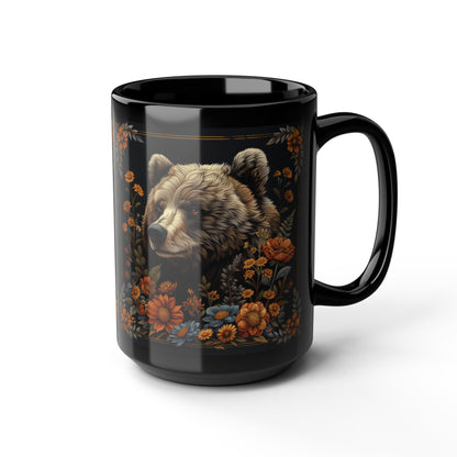 William Morris Inspired Floral Mama Bear Black Coffee Mug 11oz, 15 oz