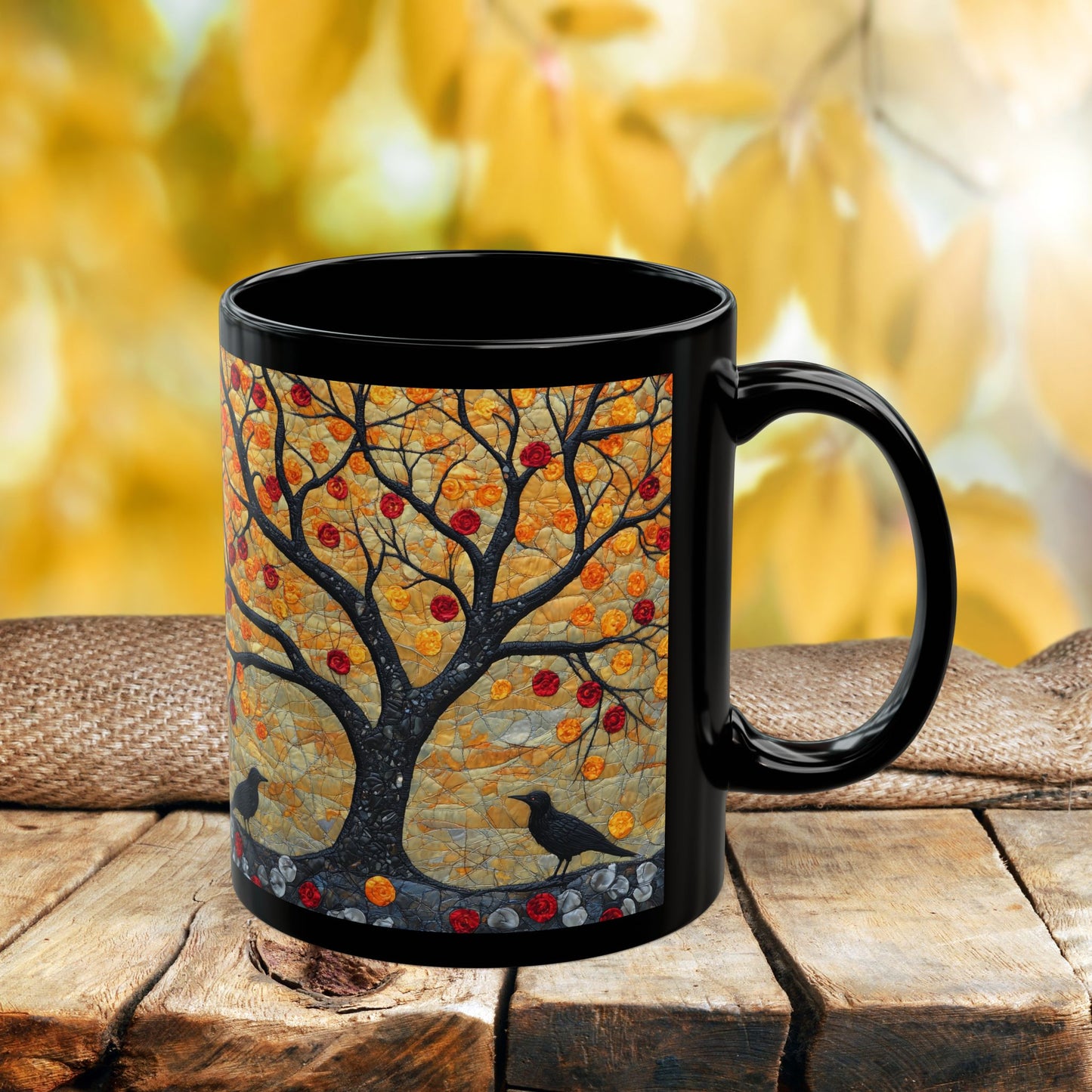 Autumn Apple Tree Art Mug | Black Ceramic Coffee Cup