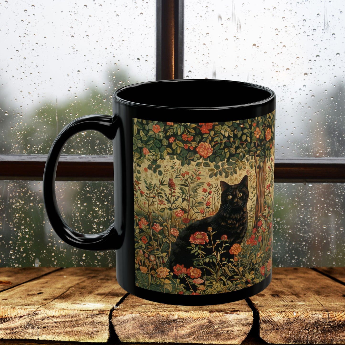 Black Cat Floral Mug, William Morris Style Botanical Cat Coffee Mug, Dark Academia Black Ceramic Mug 11oz & 15oz