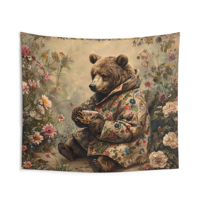 Bear Tea Time Tapestry Cozy Floral Wall Hanging