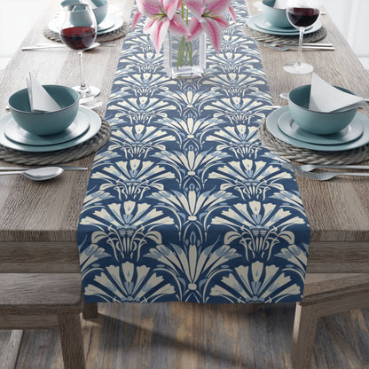 Blue and White Antique Art Deco Floral Table Runner (Poly, Cotton) - Spanish Floral Design, Geometric Pattern for Dining Room Decor -