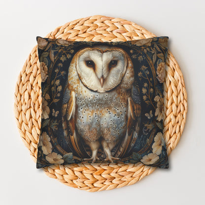 William Morris Inspired, Forest Floral Art, Decorative Barn Owl Spun Polyester Square Pillowcase