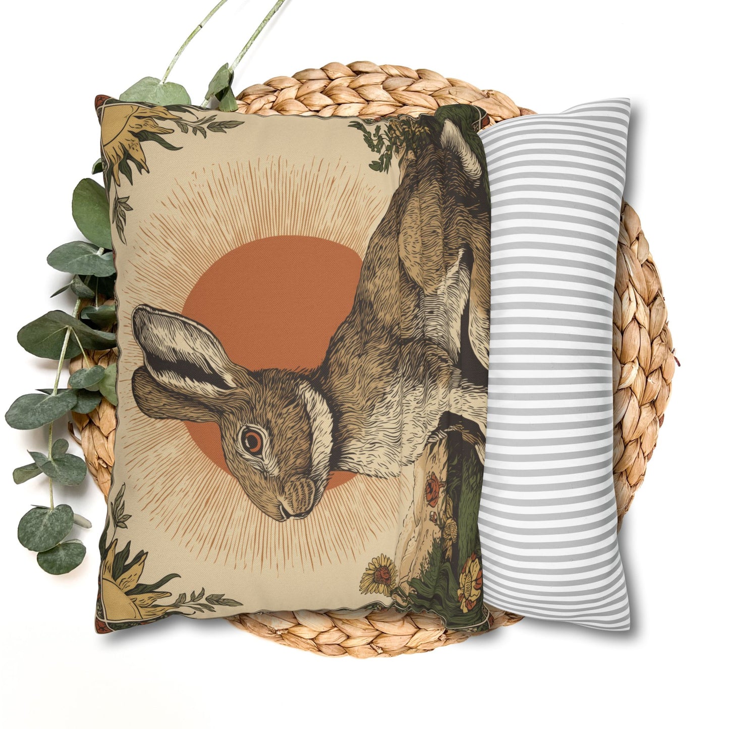 Retro Botanical Rabbit Pillowcase , Rustic Rabbit Sunburst Throw Pillow Cover