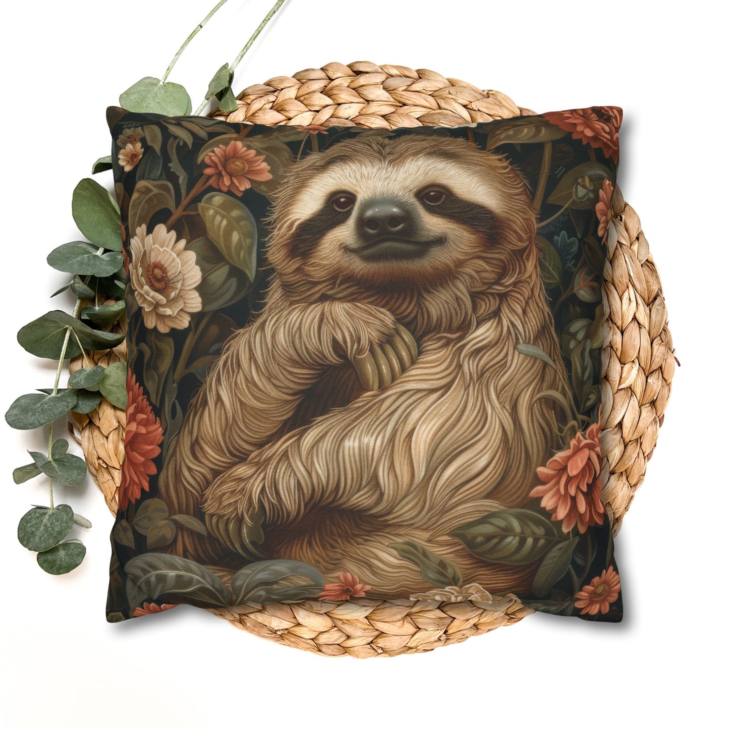 Botanical Sloth Pillowcase, Cozy Woodland Animal Cushion, William Morris Inspired Floral Throw Pillowcase