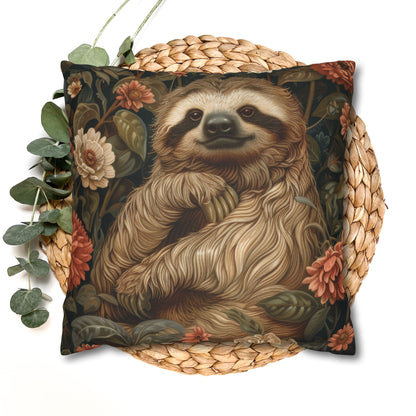 Botanical Sloth Pillowcase, Cozy Woodland Animal Cushion, William Morris Inspired Floral Throw Pillowcase