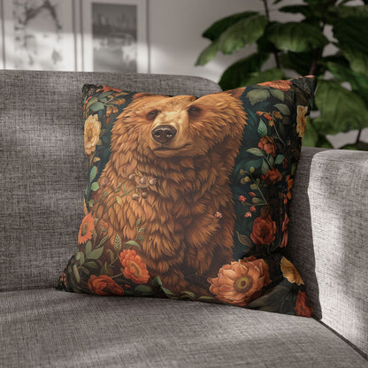 Floral Brown Bear Decorative Pillowcase, Woodland Rustic Throw Pillow Cover