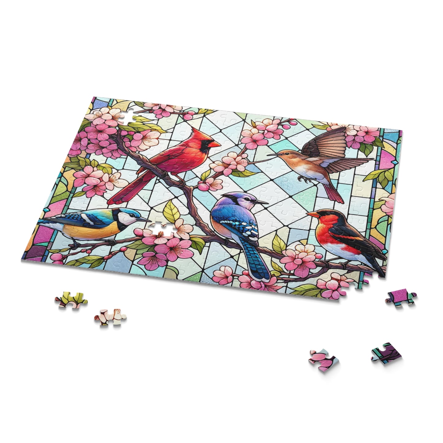 Stained Glass of 5 Spring Birds Jigsaw Puzzle (120, 252, 500-Piece) Adult Jigsaw Puzzle, Gift Him Her