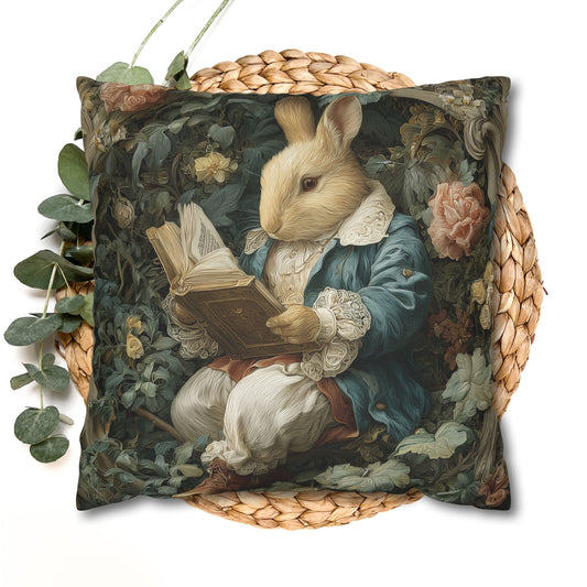 Reading Rabbit Pillow, Vintage Storybook Peter The Rabbit Cushion in William Morris Style Floral Design