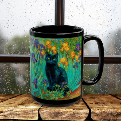 Black Cat Iris Mug, Van Gogh Inspired Cat Art Mug, Colorful Impressionist Floral Black Ceramic Mug, Artistic Cat Lover Gift, 11oz & 15oz