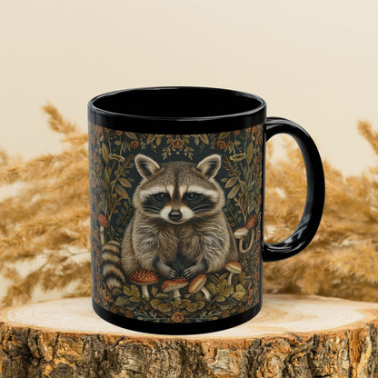 William Morris Inspired Raccoon Wild Mushroom Black Mug (10oz, 15oz)
