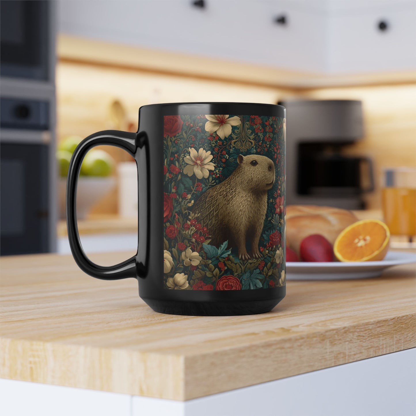 Floral Capybara Mug, Black Ceramic Woodland Coffee Cup 11oz & 15oz, Cute Nature Animal Art Gift with Vintage Botanical Flowers