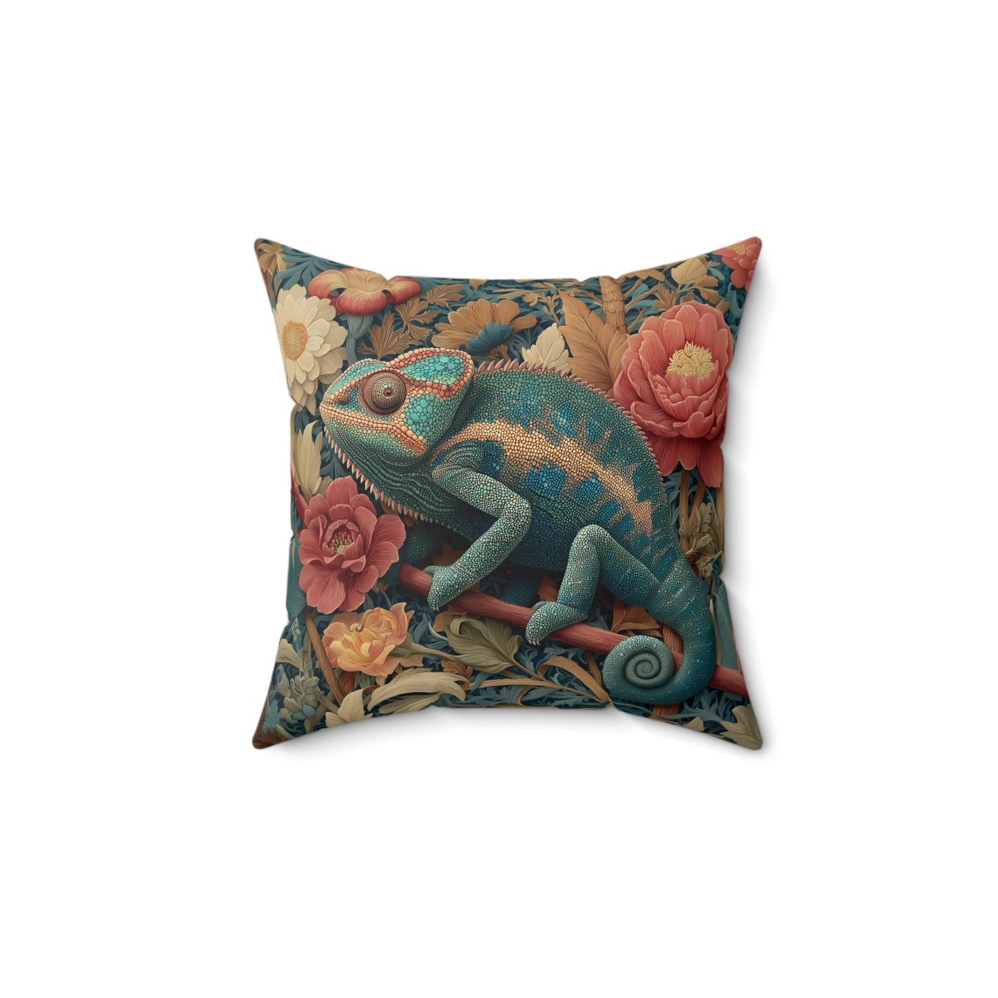 Teal Chameleon Floral Pillow, William Morris Style Lizard Cushion with Vintage Botanical Design