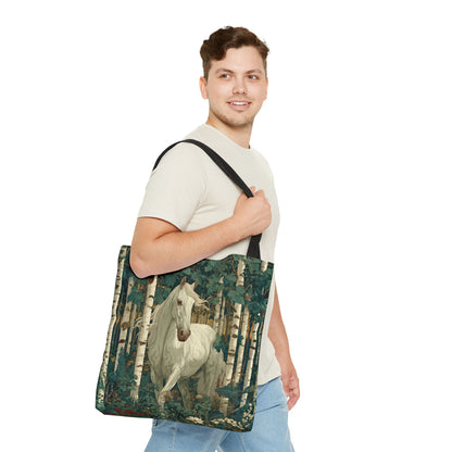 William Morris Inspired White Horse Forest Tote Bag | Woodland Stallion Market Bag