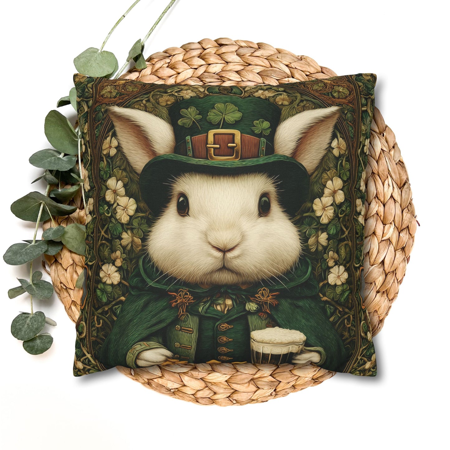 Leprechaun Bunny Decorative Pillowcase, St Patrick Day William Morris Style Rabbit Cushion