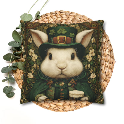 Leprechaun Bunny Decorative Pillowcase, St Patrick Day William Morris Style Rabbit Cushion
