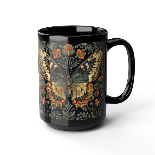 Beautiful Butterfly With Floral Motifs In The Style Of William Morris, Art Nouveau Design Black Mug 11oz, 15 oz