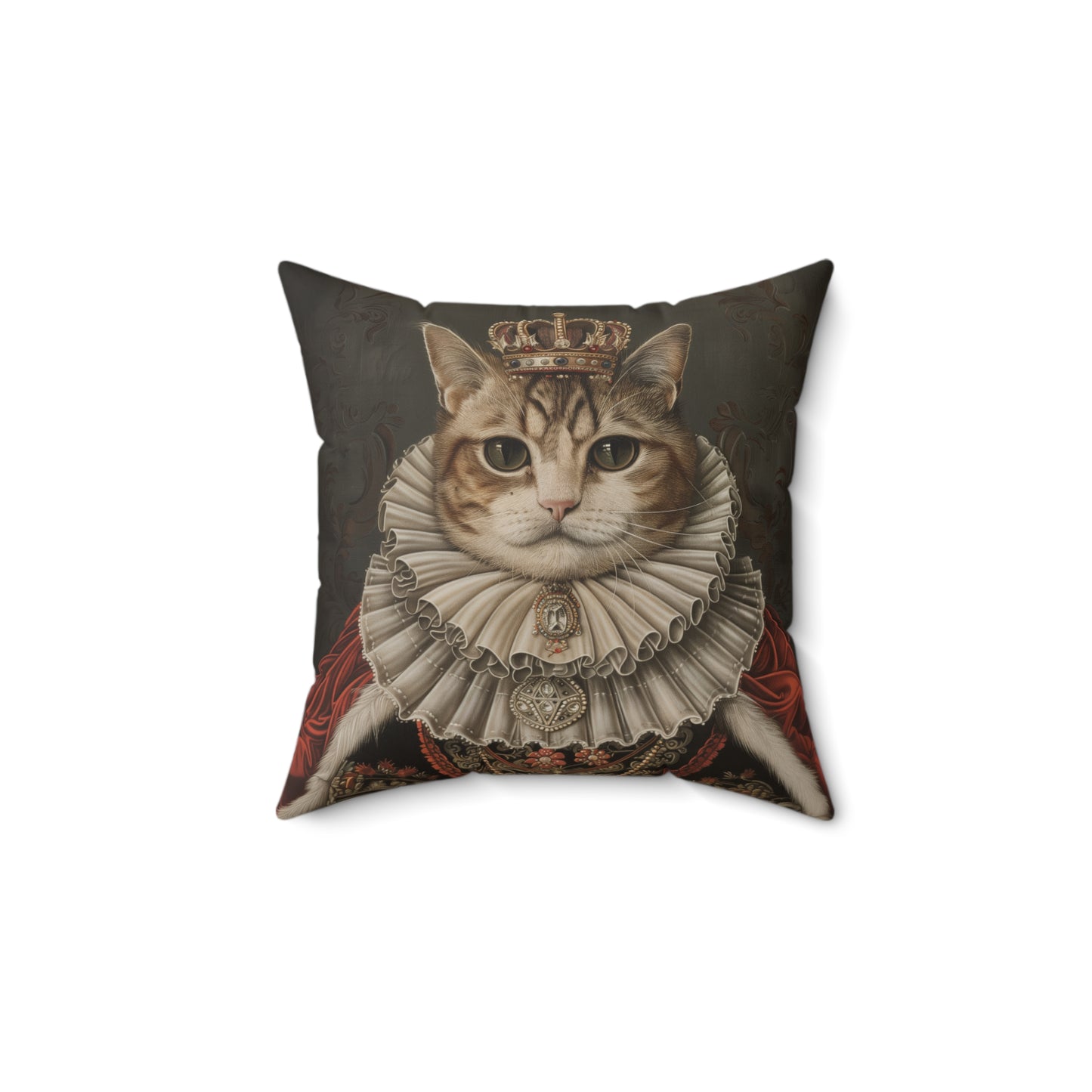 Royal Cat Decorative Pillow,  Aristocratic Kitty Cushion in Crown & Renaissance Attire, Whimsical Pet Portrait Home Décor