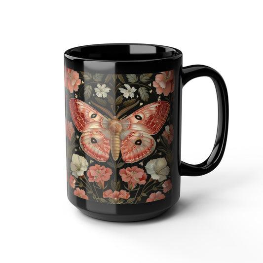 Woodland Pink Primrose Moth William Morris Inspired Black Coffee Mug For Her Him Ceramic Mug Black Mug 11oz, 15oz