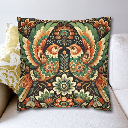 Folk Art of Two Birds and Flowers Pattern Pillowcase