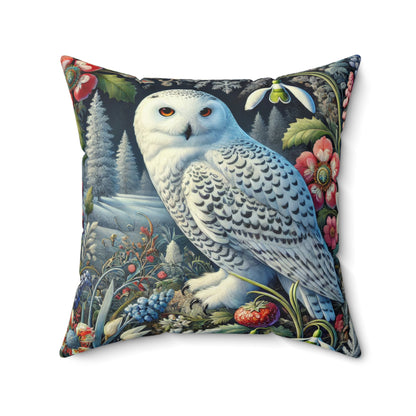 William Morris Inspired Woodland Snowy Owl Winter flowers Decorative Pillow