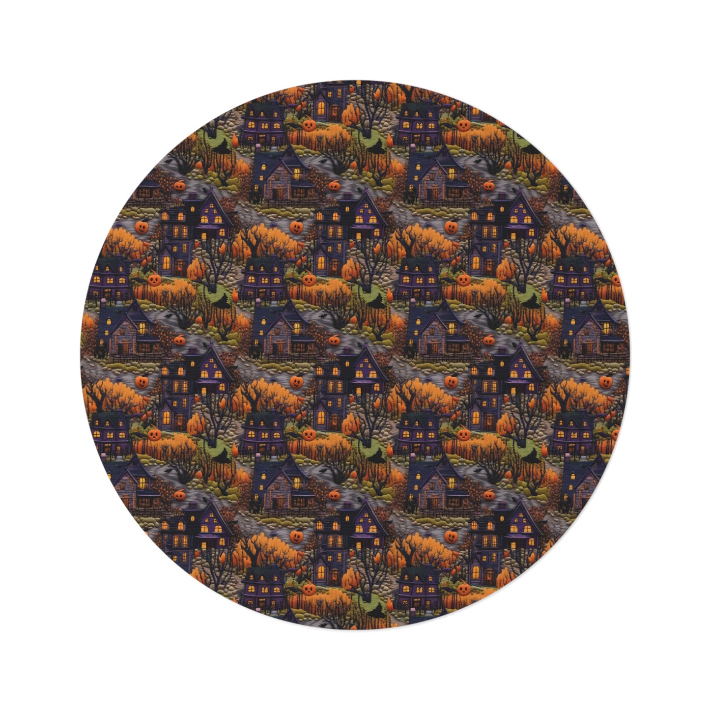 Halloween Cottage Embroidery Seamless Pattern Round Area Rug, Housewarming Gift