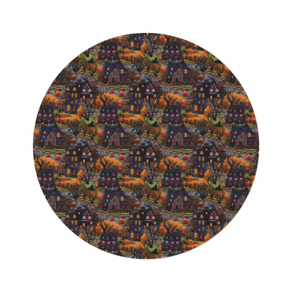 Halloween Cottage Embroidery Seamless Pattern Round Area Rug, Housewarming Gift