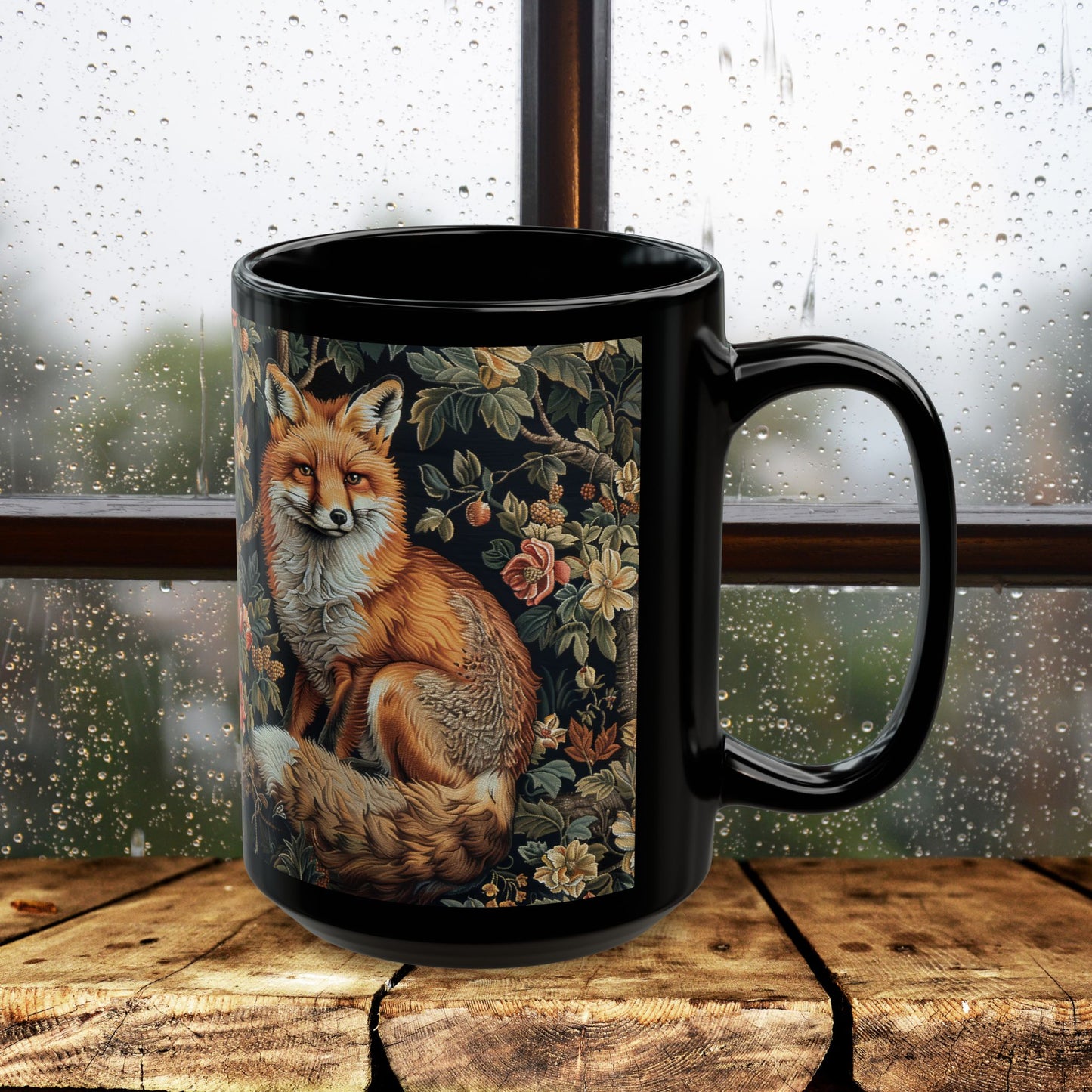 Forest Fox William Morris Inspired | Fox Ancient Black Coffee Mug For Her Him Ceramic Mug Black Mug 11oz, 15oz