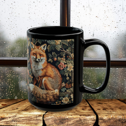 Forest Fox William Morris Inspired | Fox Ancient Black Coffee Mug For Her Him Ceramic Mug Black Mug 11oz, 15oz