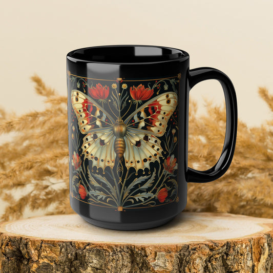 William Morris Inspired Botanical Night Butterfly Black Mug 11oz, 15 oz