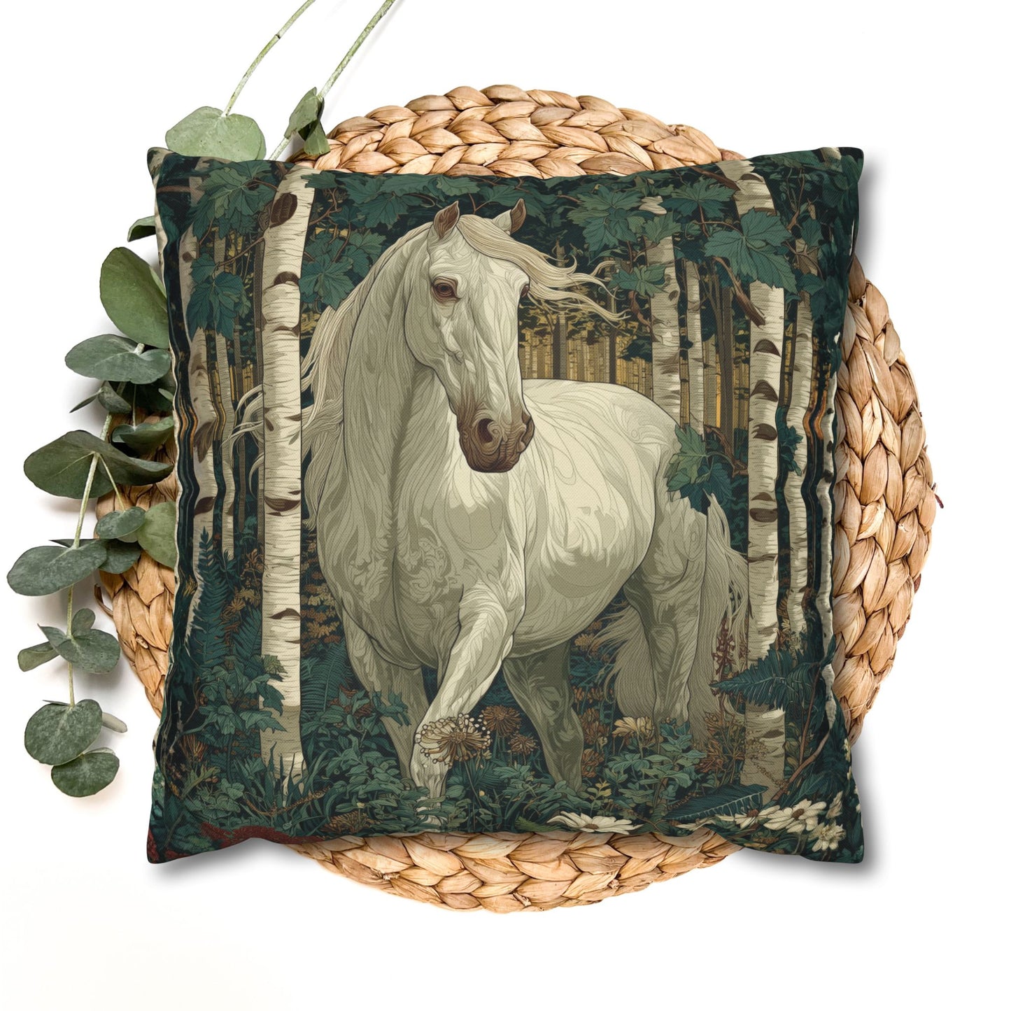 White Horse Forest Pillowcase, Decorative Square Throw Pillow Cover