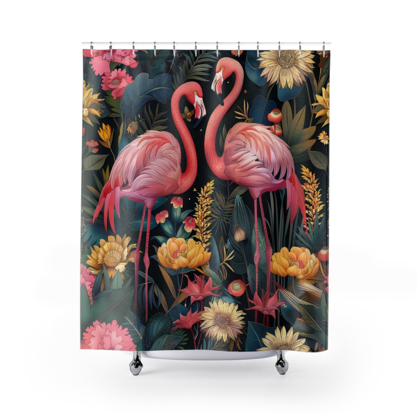 William Morris Inspired Botanical Pattern With Pink Flamingos Polyester Shower Curtain