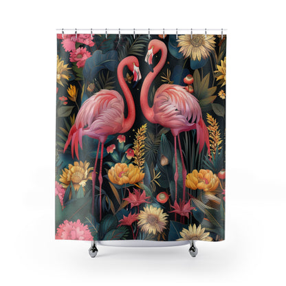 William Morris Inspired Botanical Pattern With Pink Flamingos Polyester Shower Curtain