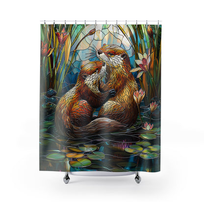 Stained Glass Otters Water Lilies, Polyester Shower Curtain