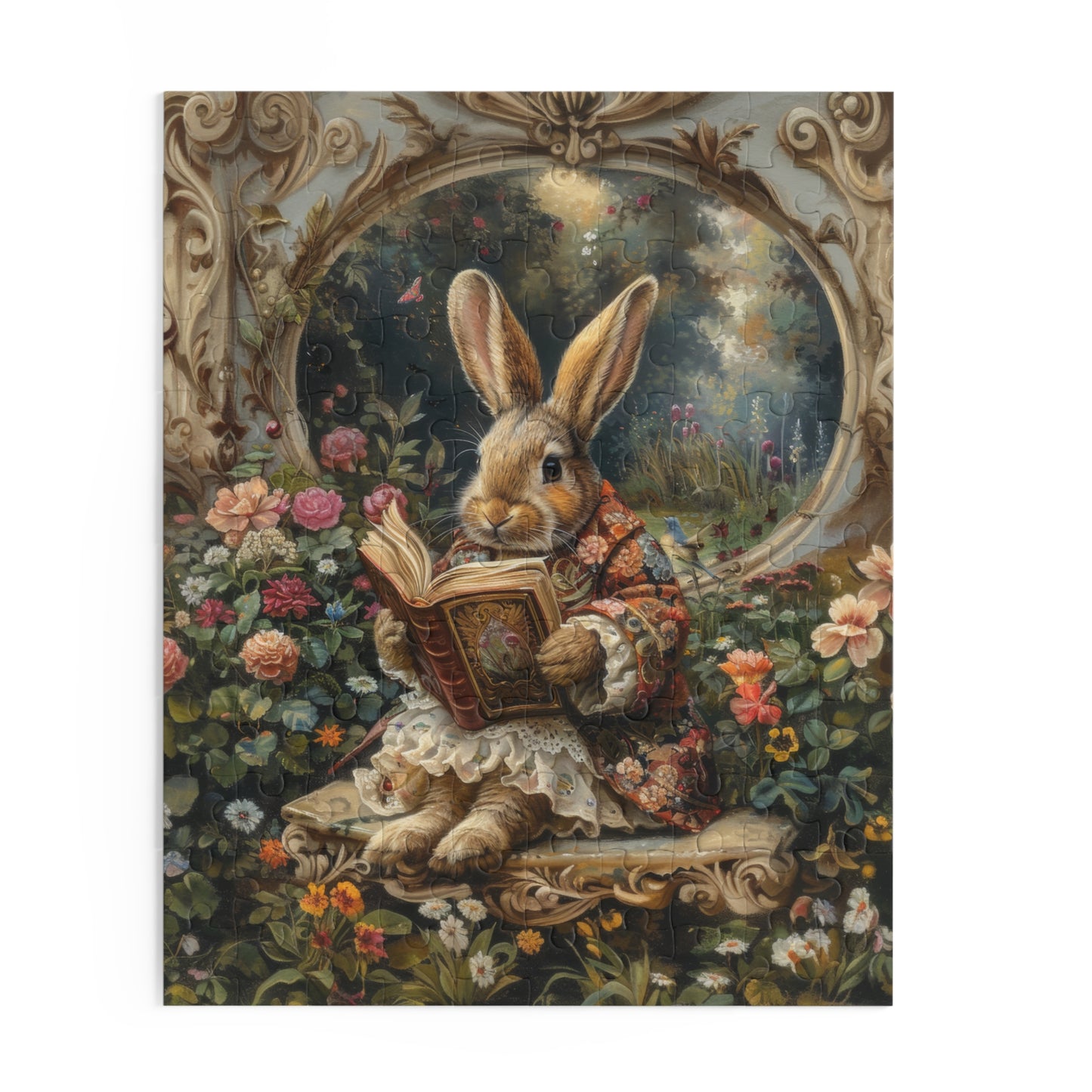 William Morris inspired Rococo Bunny With Vintage Book Jigsaw Puzzle Box (120, 252, 500-Piece) Family Jigsaw Puzzle, Puzzle Box Gift