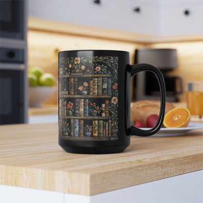 Vintage Bookshelf Mug, William Morris Style Library Black Ceramic Mug, Dark Academia Floral Book Lover Coffee Cup 11oz & 15oz