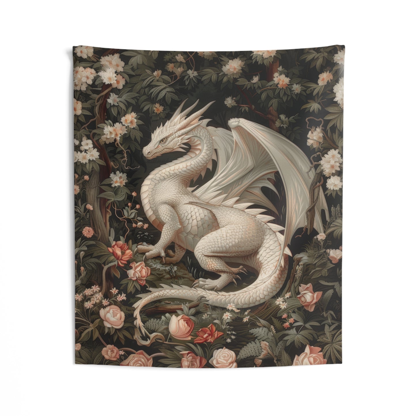 Tapestry of Magical White Dragon | William Morris Medieval Style Wall Art | Cottagecore Hanging and Home Decor