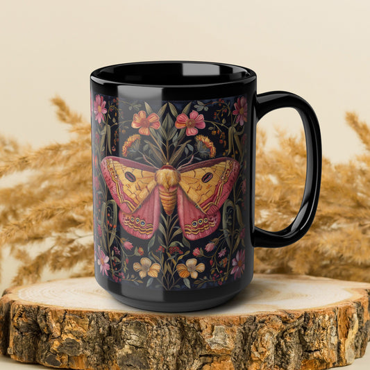 William Morris Inspired Botanical Pink Rosy Maple Moth Black Mug 11oz, 15 oz