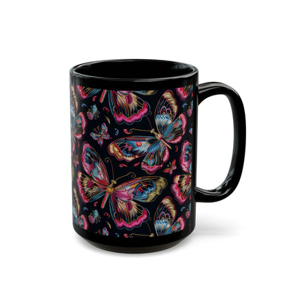 Pink Blue Butterfly Pattern Black Coffee Mug | Gift for Bird Lover Coffee Mug 11oz, 15oz