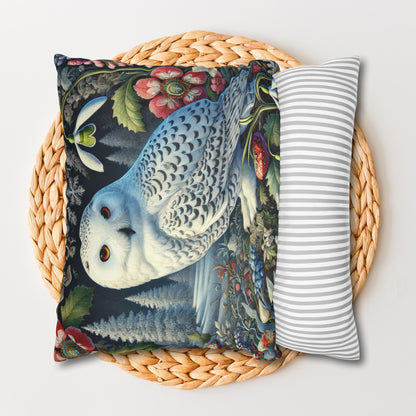 William Morris Inspired Woodland Snowy Owl Winter flowers Decorative Pillowcase