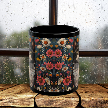Tuxedo Cat Floral Mug, Vintage Botanical Cat Coffee Mug, William Morris Inspired Black Ceramic Mug 11oz & 15oz