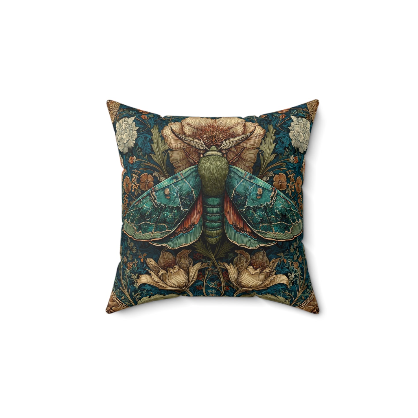 William Morris Inspired Moth Pillow, Teal Botanical Art Nouveau Cushion, Vintage Floral Nature Square Pillow