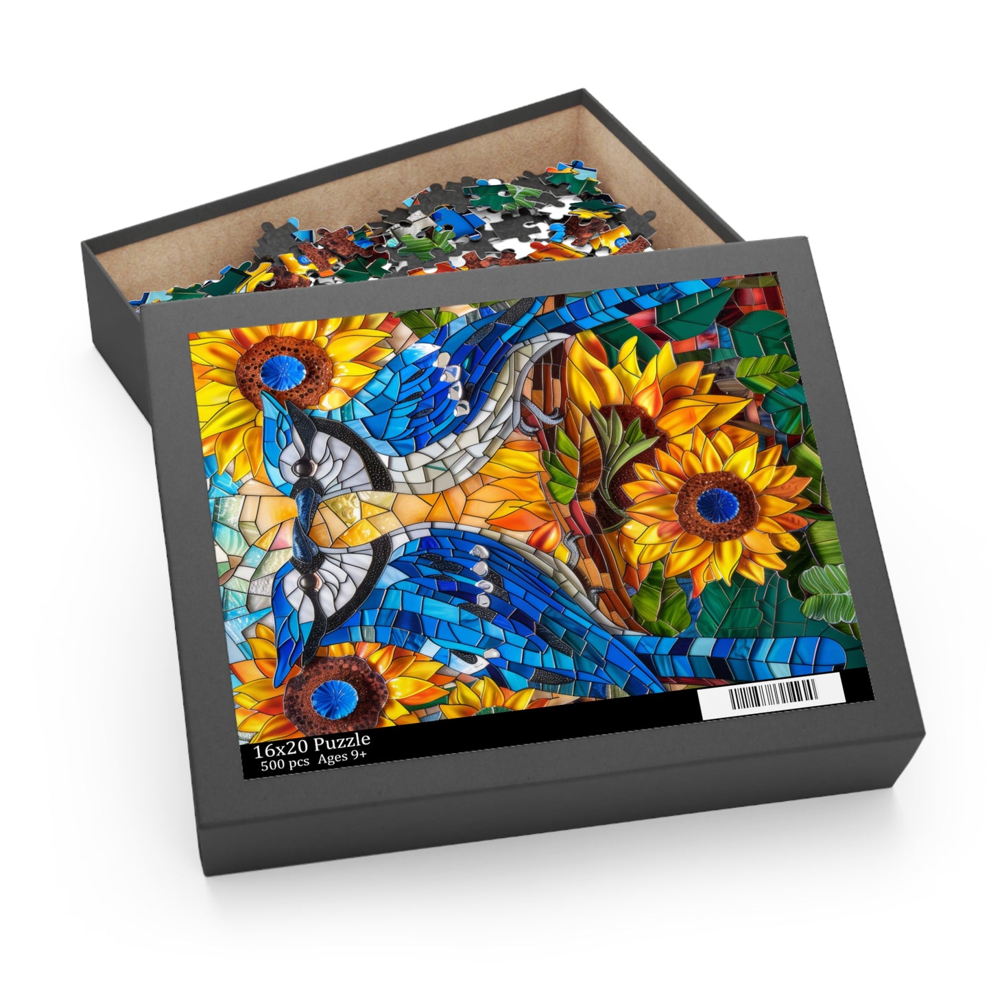 Stained Glass Blue Jay Lovebirds Sunflower Field Jigsaw Puzzle (120, 252, 500-Piece) Gift-Ready Box, Adult Jigsaw Puzzle