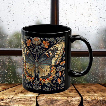 William Morris Butterfly Coffee Mug, Botanical Woodland Black Ceramic Cup, Vintage Insect Lover Gif
